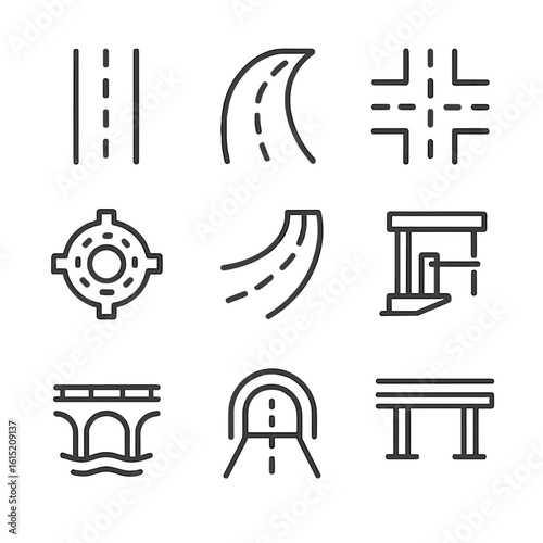 Traffic Management Icons. Line style icons of traffic management road layout: lane divider, road curve, intersection, roundabout,