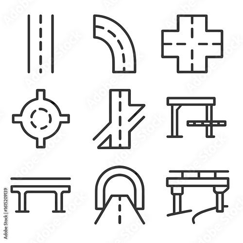 Traffic Management Icons. Line style icons of traffic management road layout: lane divider, road curve, intersection, roundabout,