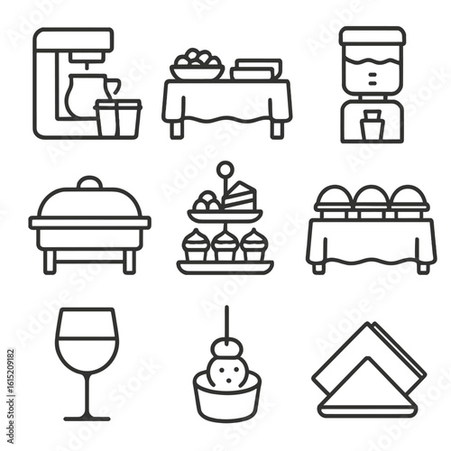 Trade Show Icons. Outline style icons of trade show food: coffee station, snack table, water dispenser, catering tray, dessert