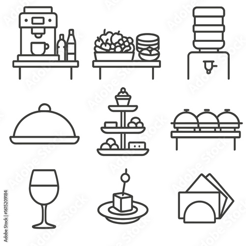 Trade Show Icons. Outline style icons of trade show food: coffee station, snack table, water dispenser, catering tray, dessert