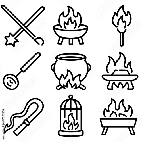 Heat Torture Implements Icons. Outline style icons of torment implements heat: hot poker, fire pit, branding torch, heated rod,