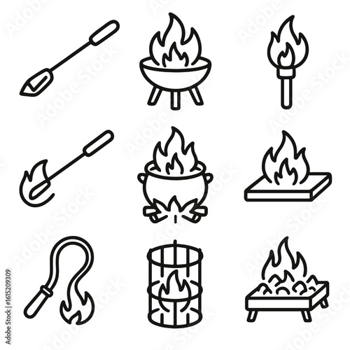Heat Torture Implements Icons. Outline style icons of torment implements heat: hot poker, fire pit, branding torch, heated rod,