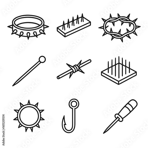 Torment Implements Icons. Outline style icons of torment implements piercing: spiked collar, nail board, thorn crown, piercing rod