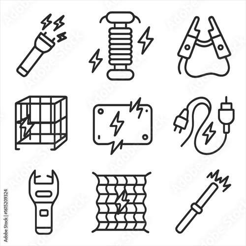 Electric Torment Icons. Outline style icons of torment implements electric: shock rod, voltage coil, electric clamp, power cage,