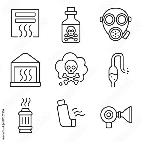 Torment Implements Icons. Outline style icons of torment implements gas: smoke vent, poison vial, gas mask, fume chamber, toxic