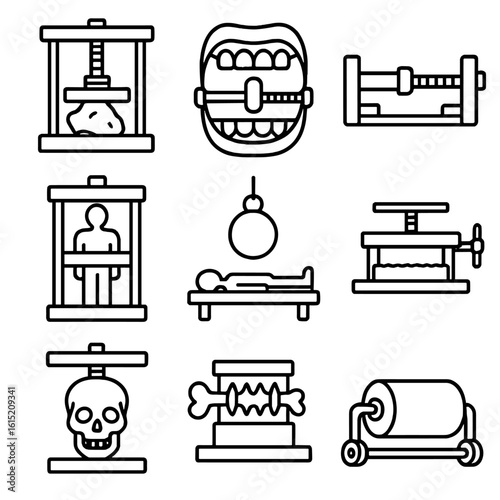 Outline Torment Icons. Outline style icons of torment implements crushing: stone press, jaw crusher, limb vise, body clamp, weight