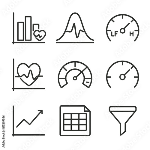 Heart Metric Icons. Line style icons of Heart Rate Variability Metrics: SDNN bar, RMSSD curve, LF/HF ratio dial, coherence graph,