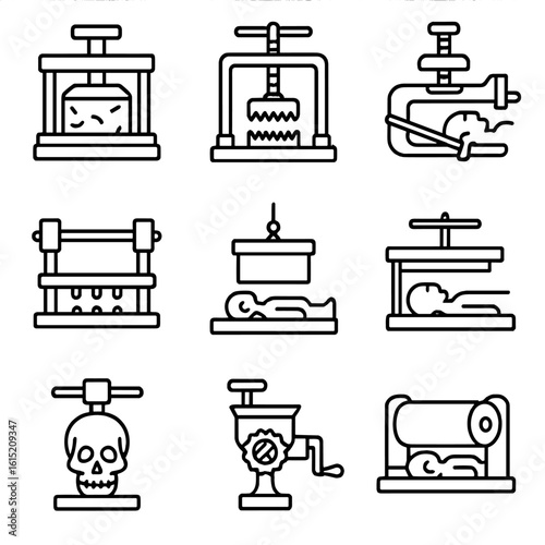 Outline Torment Icons. Outline style icons of torment implements crushing: stone press, jaw crusher, limb vise, body clamp, weight