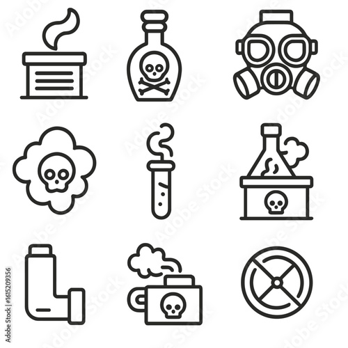 Torment Implements Icons. Outline style icons of torment implements gas: smoke vent, poison vial, gas mask, fume chamber, toxic