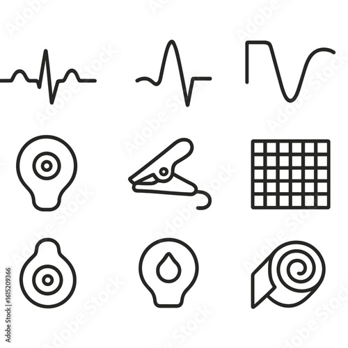 ECG Monitoring Icons. Line style icons of ECG Monitoring Components: ECG waveform trace, P-wave icon, QRS complex shape, T-wave