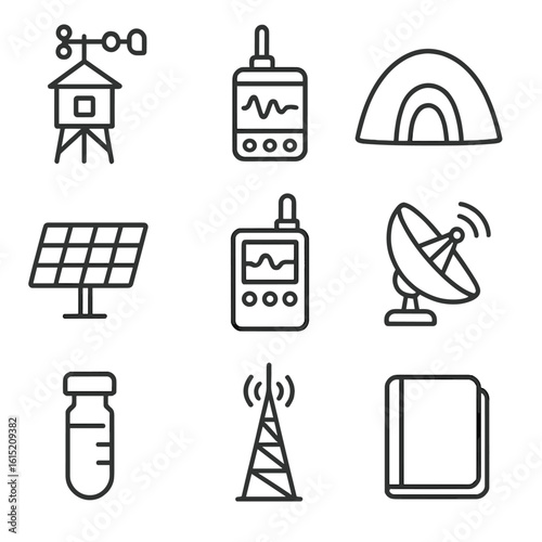 High-Altitude Research Icons. Line style icons of High-Altitude Research Stations: weather station, seismic sensor, research lab