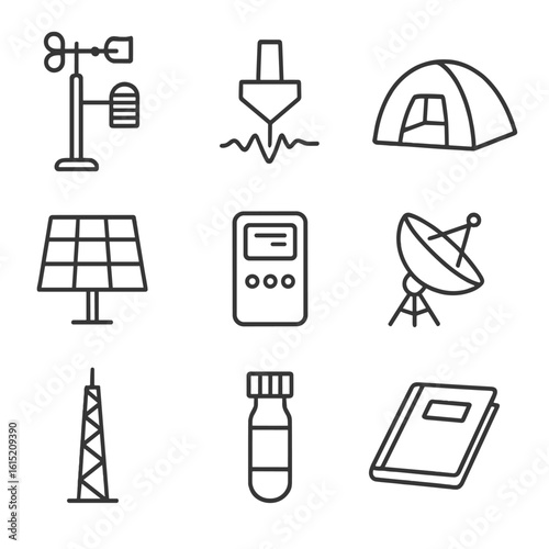 High-Altitude Research Icons. Line style icons of High-Altitude Research Stations: weather station, seismic sensor, research lab