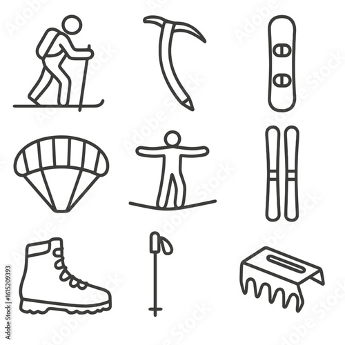 Mountain Sports Icons. Line style icons of Mountain Sports: ski touring, ice climbing pick, snowboarding board, paragliding wing,