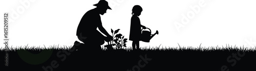 Parent and Child Planting Tree Silhouette: Cultivating Nature, Growth, and Environmental Awareness, Symbolizing Family Bonding and Sustainable Future.