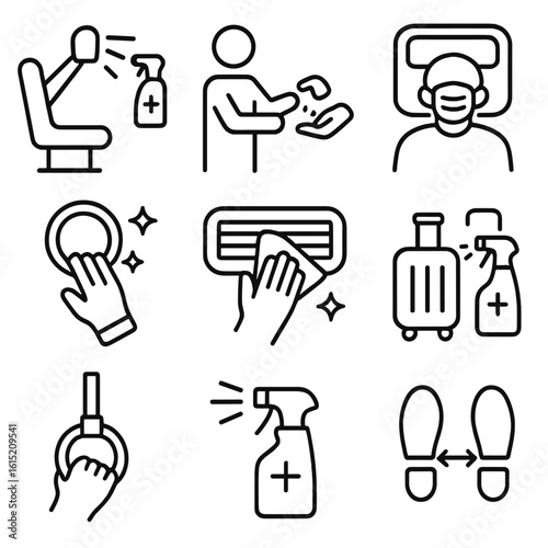 Public Transport Hygiene Icons. Outline style icons of Public Transport Hygiene: seat sanitizing icon, standing with sanitizer,