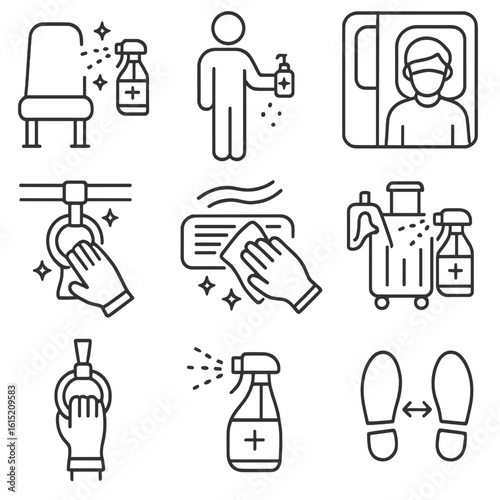 Public Transport Hygiene Icons. Outline style icons of Public Transport Hygiene: seat sanitizing icon, standing with sanitizer,