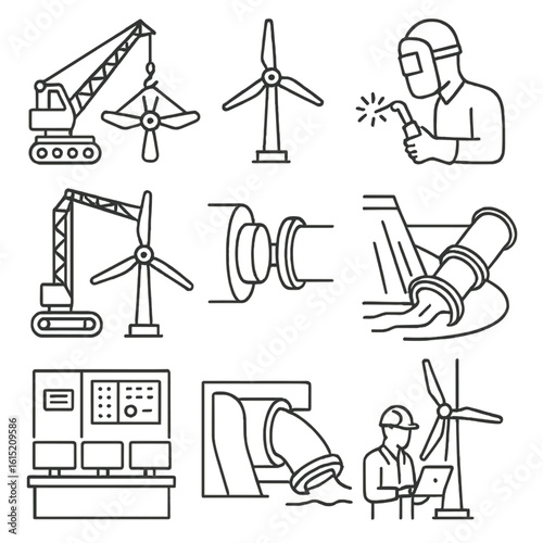 Turbine Installation Icons. Outline style icons of Turbine Installations: crane lifting rotor, base mount, turbine blade alignment