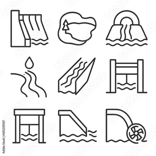 Dam and Water Icons. Outline style icons of Dam and Water Source Icons: dam wall icon, lake reservoir, upstream intake, river