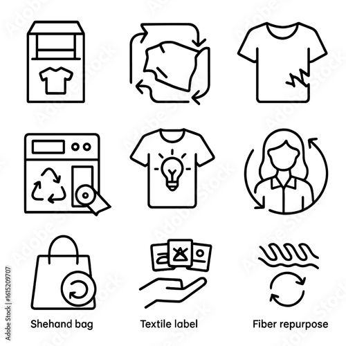 Textile Waste Icons. Outline style icons of Textile Waste Management: clothing donation bin, rag reuse icon, torn shirt discard,