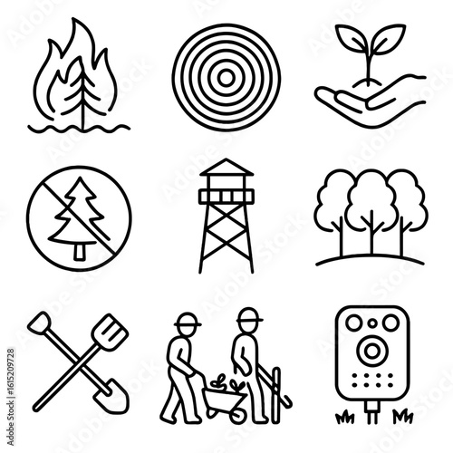 Forest Management Icons. Outline style icons of Forest Management: controlled burn icon, tree ring growth, sapling planting,