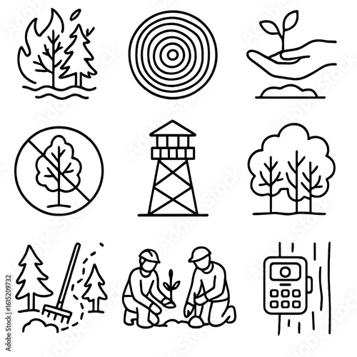 Forest Management Icons. Outline style icons of Forest Management: controlled burn icon, tree ring growth, sapling planting,