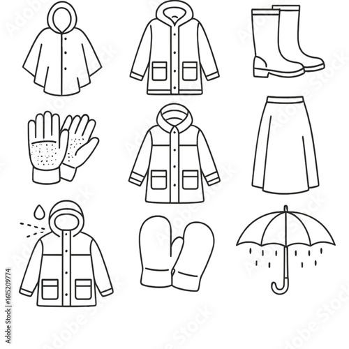 Winter Rain Gear Icons. Outline style icons of Winter Rain Gear: waterproof poncho, insulated raincoat, rubber boots,