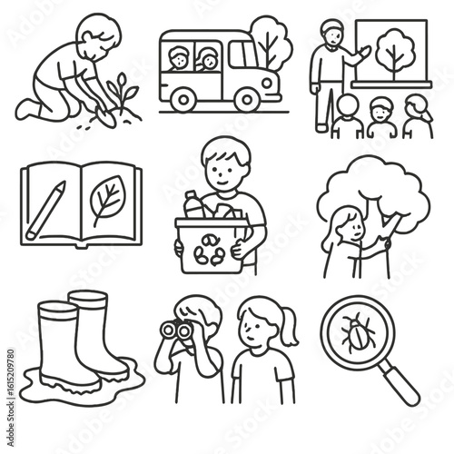 Children and Nature Icons. Outline style icons of Children and Nature: child planting, school eco trip, forest classroom,