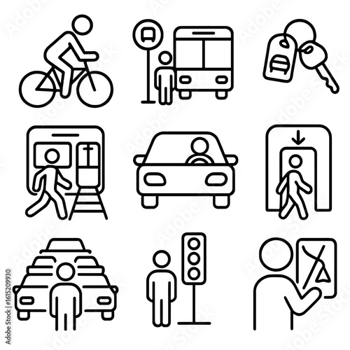 Commuting Icons Outline. Outline style icons of Commuting: riding bike, bus stop, car keys, walking to train, driving car,