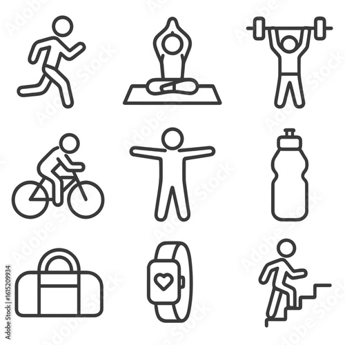 Physical Activity Icons. Outline style icons of Physical Activity: morning jog, home yoga, weightlifting, cycling, stretching arms