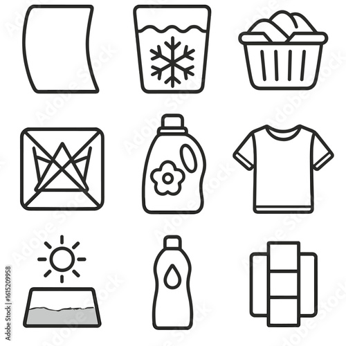 Color-Protect Laundry Icons. Outline style icons of Color-Protect Laundry: color catcher sheet, cold water icon, separate wash
