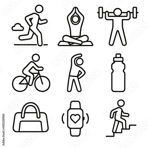 Physical Activity Icons. Outline style icons of Physical Activity: morning jog, home yoga, weightlifting, cycling, stretching arms