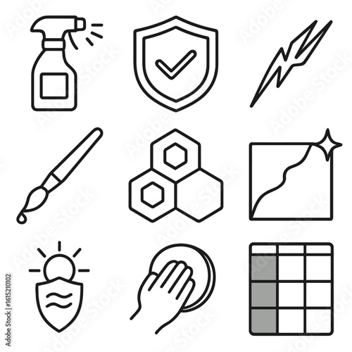 Car Paint Protection Icons. Outline style icons of Car Paint Protection: paint spray bottle, clear coat shield, scratch icon,