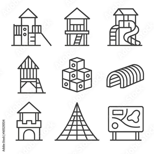 Playground Architecture Icons. Outline style icons of Playground Architecture: modern playset design, treehouse platform, spiral