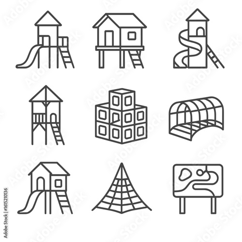 Playground Architecture Icons. Outline style icons of Playground Architecture: modern playset design, treehouse platform, spiral