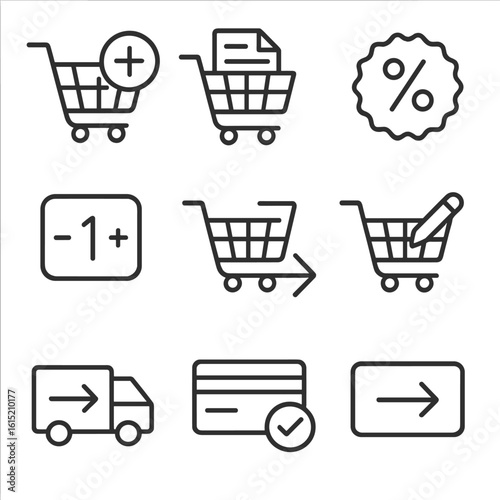 Shopping Cart Icons. Outline style icons of Shopping Cart Process: item added icon, cart summary, discount applied icon, quantity