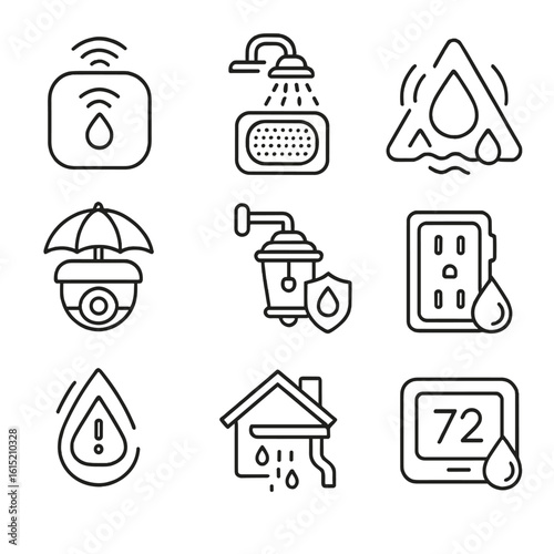 Smart Home Waterproofing Icons. Outline style icons of Smart Home Waterproofing: smart leak detector, shower-safe speaker, water