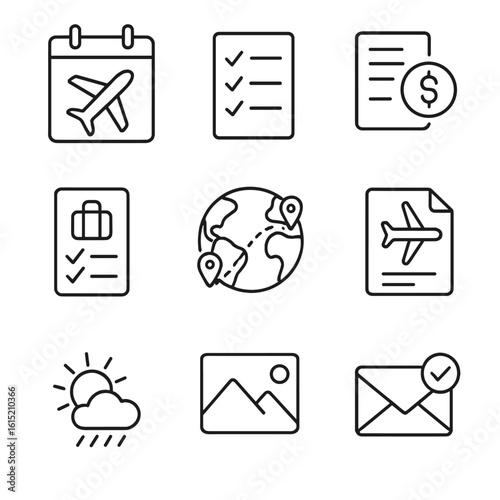 Travel Planning Icons. Outline style icons of Travel Planning: calendar with airplane, checklist, budget icon, packing list, world