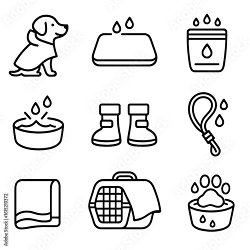Pet Waterproof Essentials Icons. Outline style icons of Pet Waterproof Protection: dog raincoat, waterproof pet mat, sealed treat