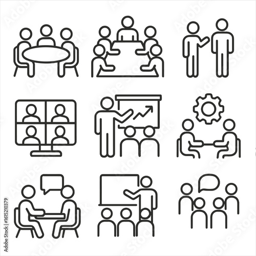 Business Meeting Icons. Outline style icons of Business Meeting Types: in-person roundtable, boardroom icon, stand-up meeting,