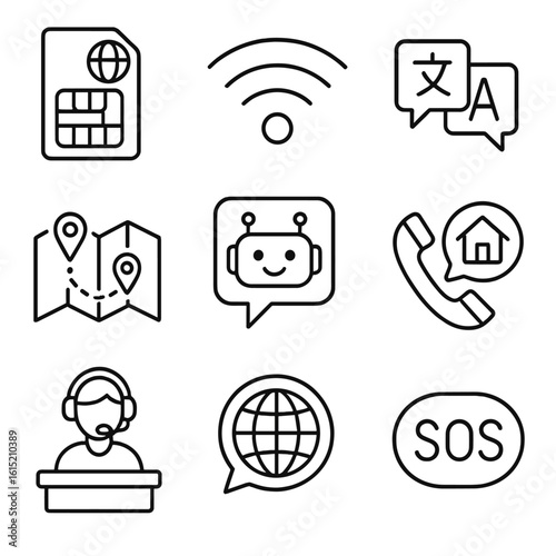 Travel Communication Icons. Outline style icons of Travel Communication: international SIM card, Wi-Fi signal icon, translation
