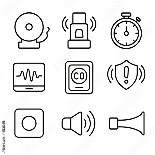 Alarm System Icons. Outline style icons of Alarm Systems and Tones: fire alarm bell, intrusion siren, timed buzzer, alert waveform