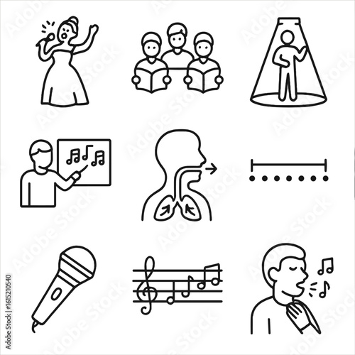 Vocal Performance Icons. Outline style icons of Vocal Performance: opera singer icon, choir group, soloist spotlight, vocal coach