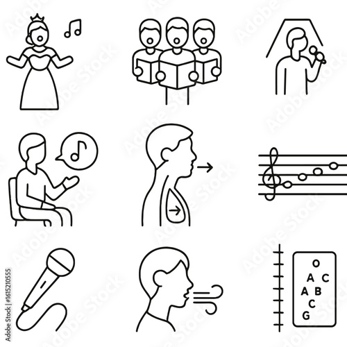 Vocal Performance Icons. Outline style icons of Vocal Performance: opera singer icon, choir group, soloist spotlight, vocal coach