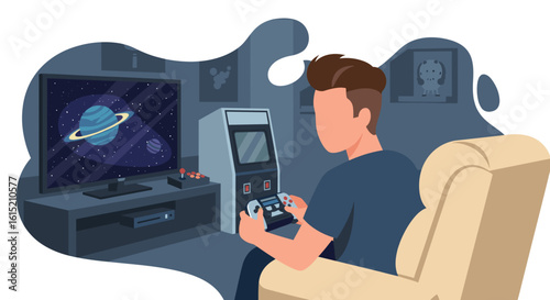 Young man playing video games in his living room, perfect for articles about gaming, leisure time, or technology.