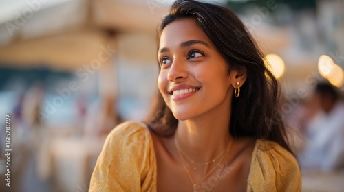 young beautiful indian woman sitting at cafe