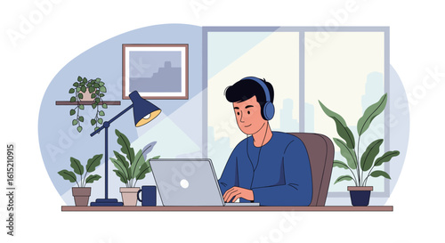 Young man working from home on laptop, wearing headphones. Perfect for blog posts, articles about remote work, or productivity.