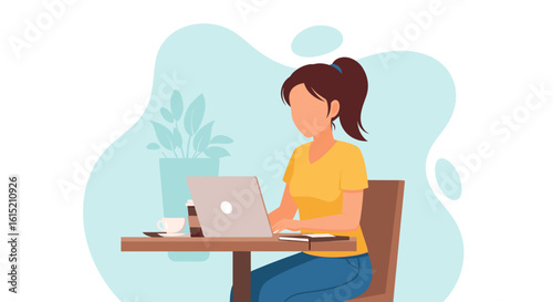 Woman working on laptop at cafe, perfect for blog posts about remote work or freelancing.