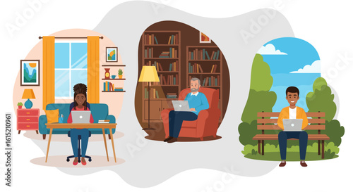 Diverse people working remotely: home office, library, park.  Perfect for illustrating remote work, flexibility, or work-life balance.