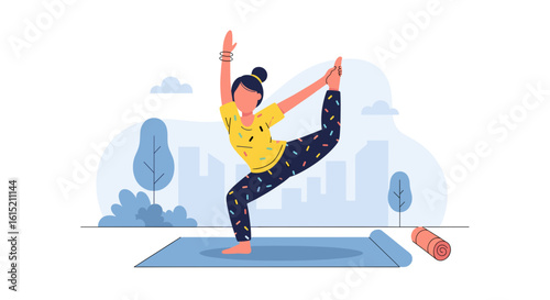 Woman practicing yoga outdoors, perfect for wellness websites or brochures.