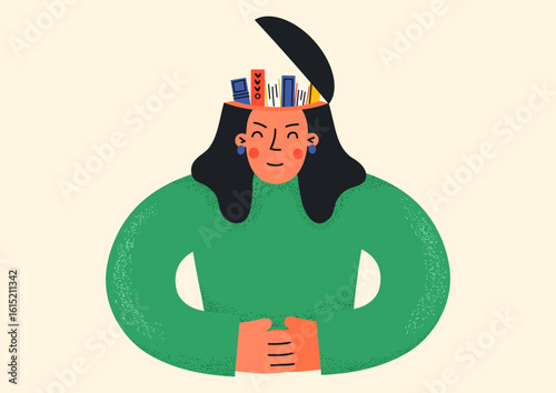 Woman with books in her head. Education, literature; learning, studying concept.